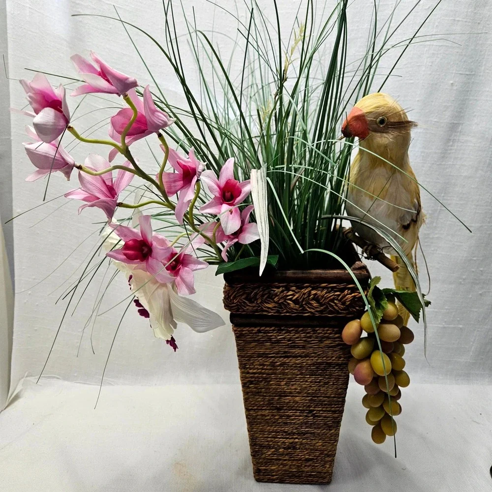 Floral Wall Decor OS Brown Pink Tropical Orchid Bird Tiki Arrangement Beach